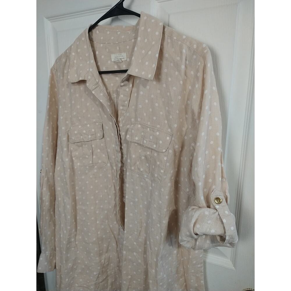 Charter Club Linen Shirt 100 Linen Brown White Polkadot Collared V Neck Long... - Picture 2 of 10